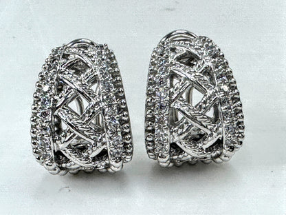 Vintage Judith Ripka Sterling Silver Pave CZ Wide Hoop Earrings JR1698