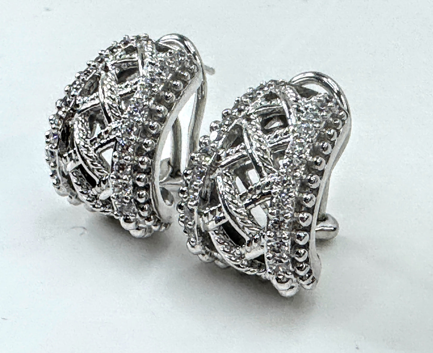 Vintage Judith Ripka Sterling Silver Pave CZ Wide Hoop Earrings JR1698