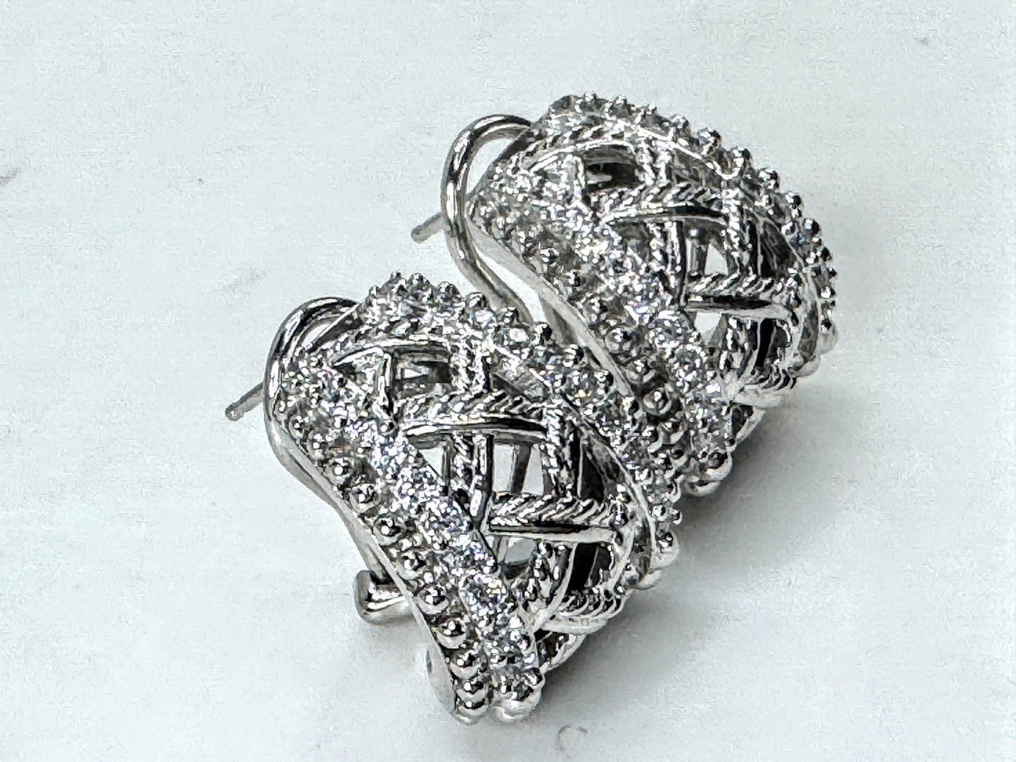 Vintage 925 Sterling Silver CZ Openwork Omega Clip Back Earrings Pair JR1697