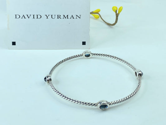 Cert David Yurman Sterling Blue Topaz Classics Four Station Cable Bangle 7" JR374