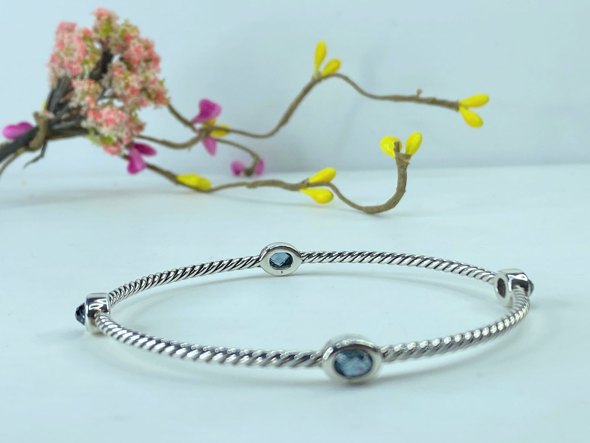 Cert David Yurman Sterling Blue Topaz Classics Four Station Cable Bangle 7" JR374