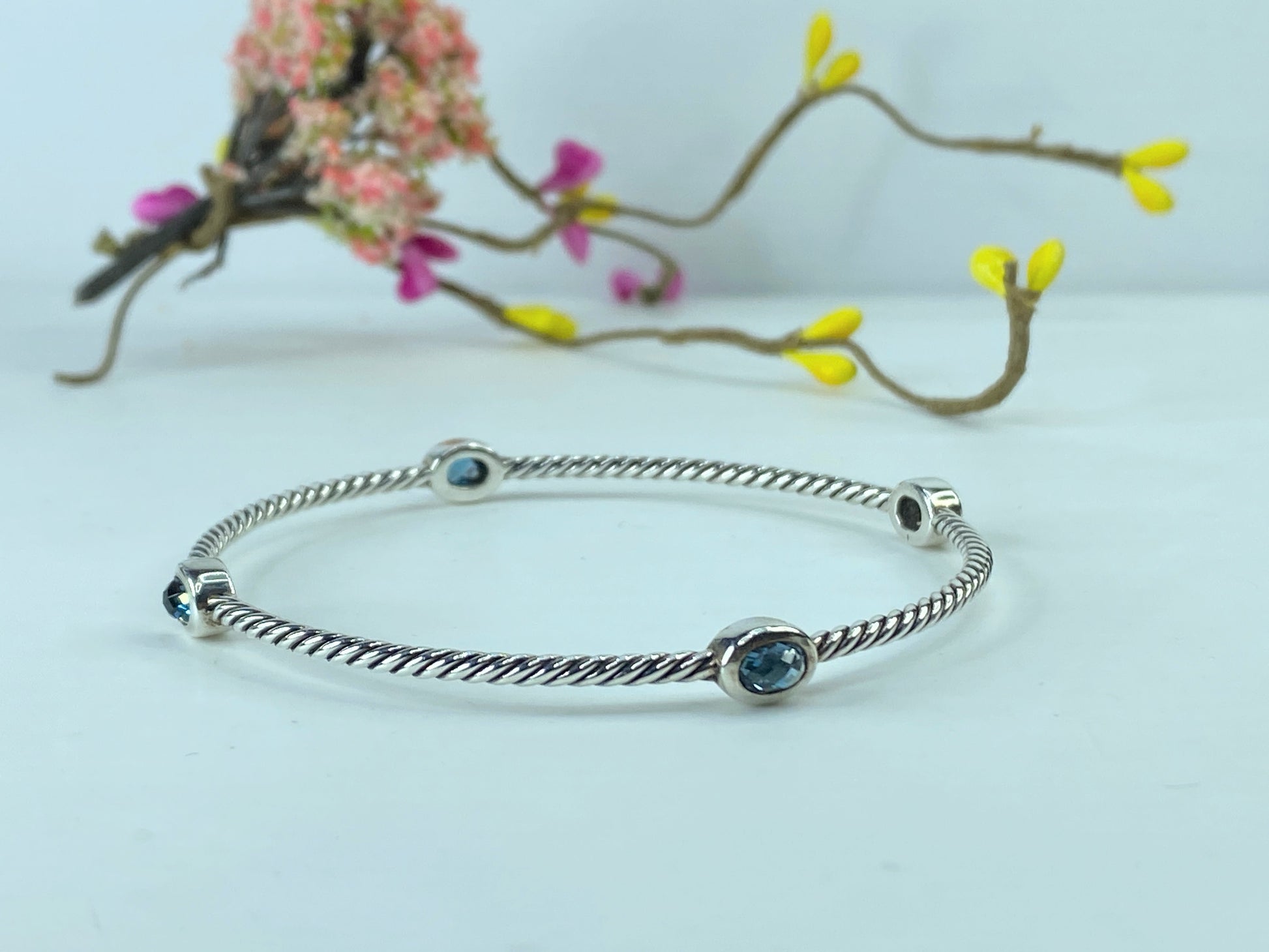 Cert David Yurman Sterling Blue Topaz Classics Four Station Cable Bangle 7" JR374