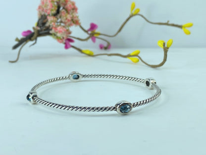 Cert David Yurman Sterling Blue Topaz Classics Four Station Cable Bangle 7" JR374