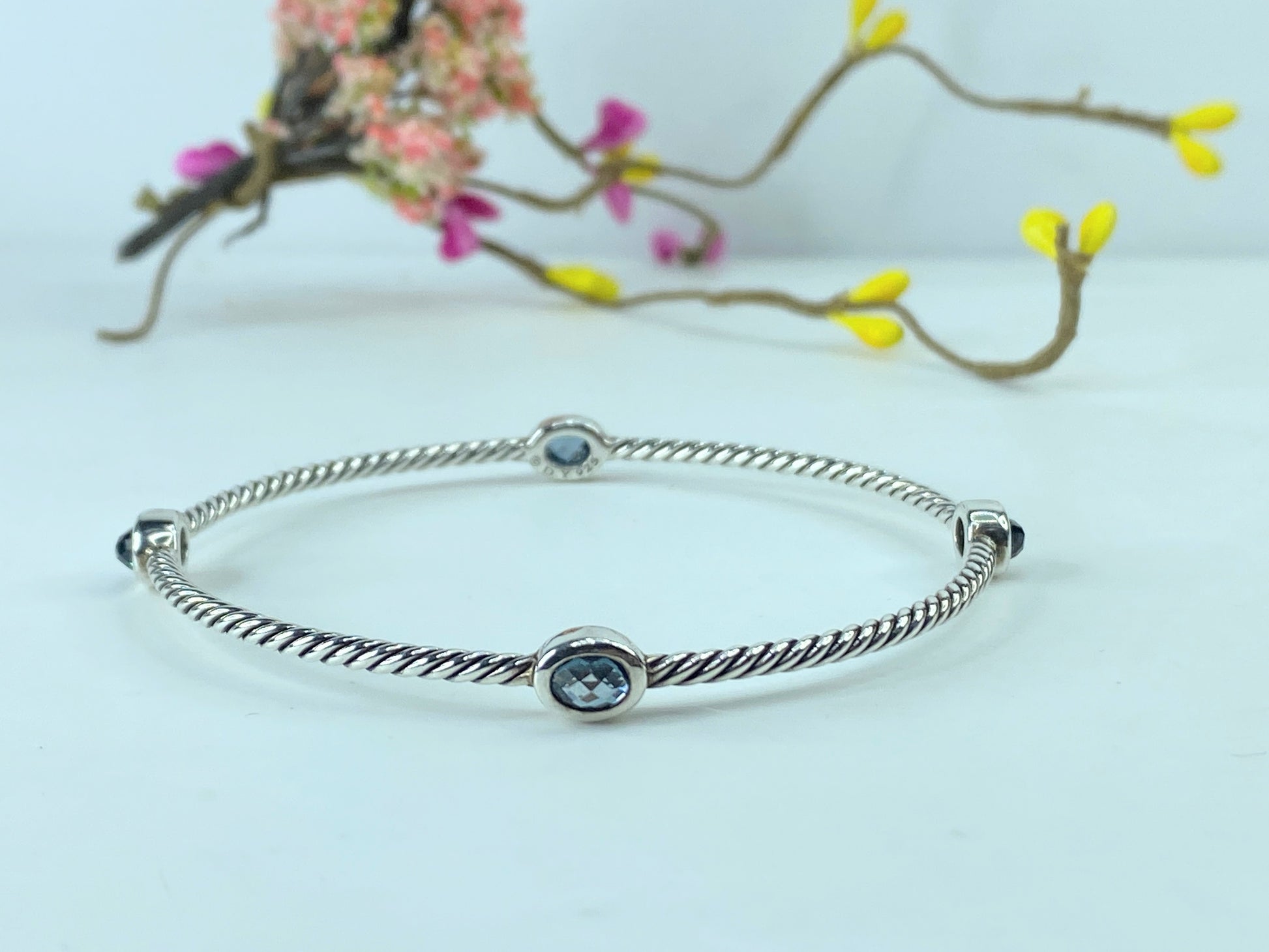 Cert David Yurman Sterling Blue Topaz Classics Four Station Cable Bangle 7" JR374