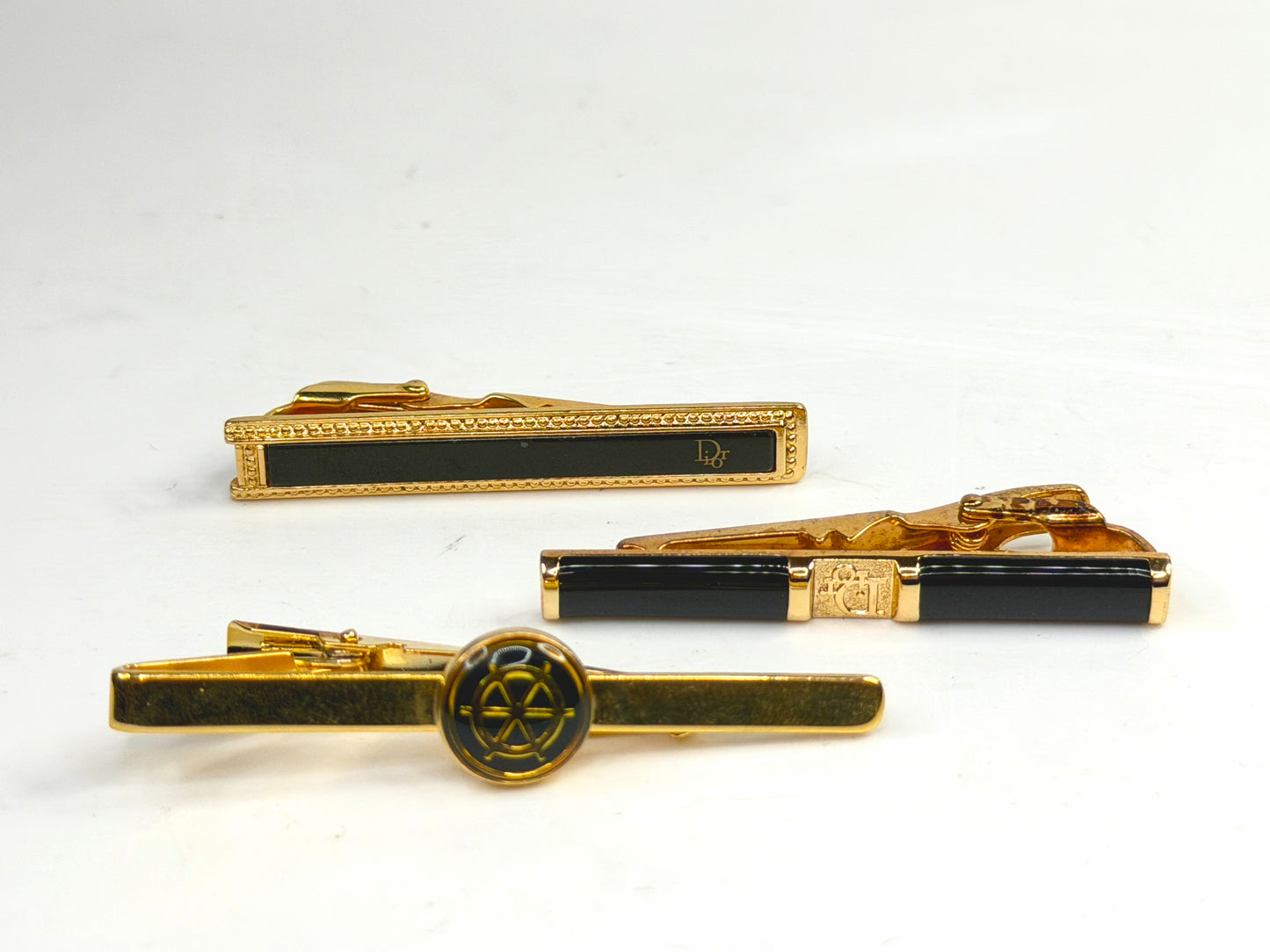 Vintage Christian Dior Gold Tone Black Enamel Tie Clips Set of 3 SS324