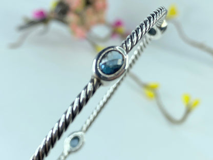Cert David Yurman Sterling Blue Topaz Classics Four Station Cable Bangle 7" JR374