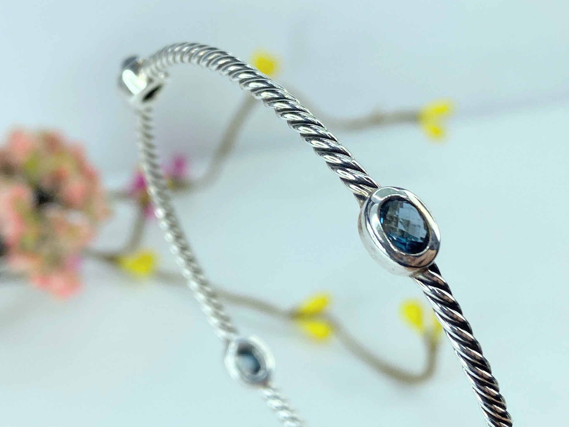 Cert David Yurman Sterling Blue Topaz Classics Four Station Cable Bangle 7" JR374