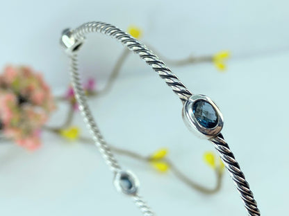 Cert David Yurman Sterling Blue Topaz Classics Four Station Cable Bangle 7" JR374