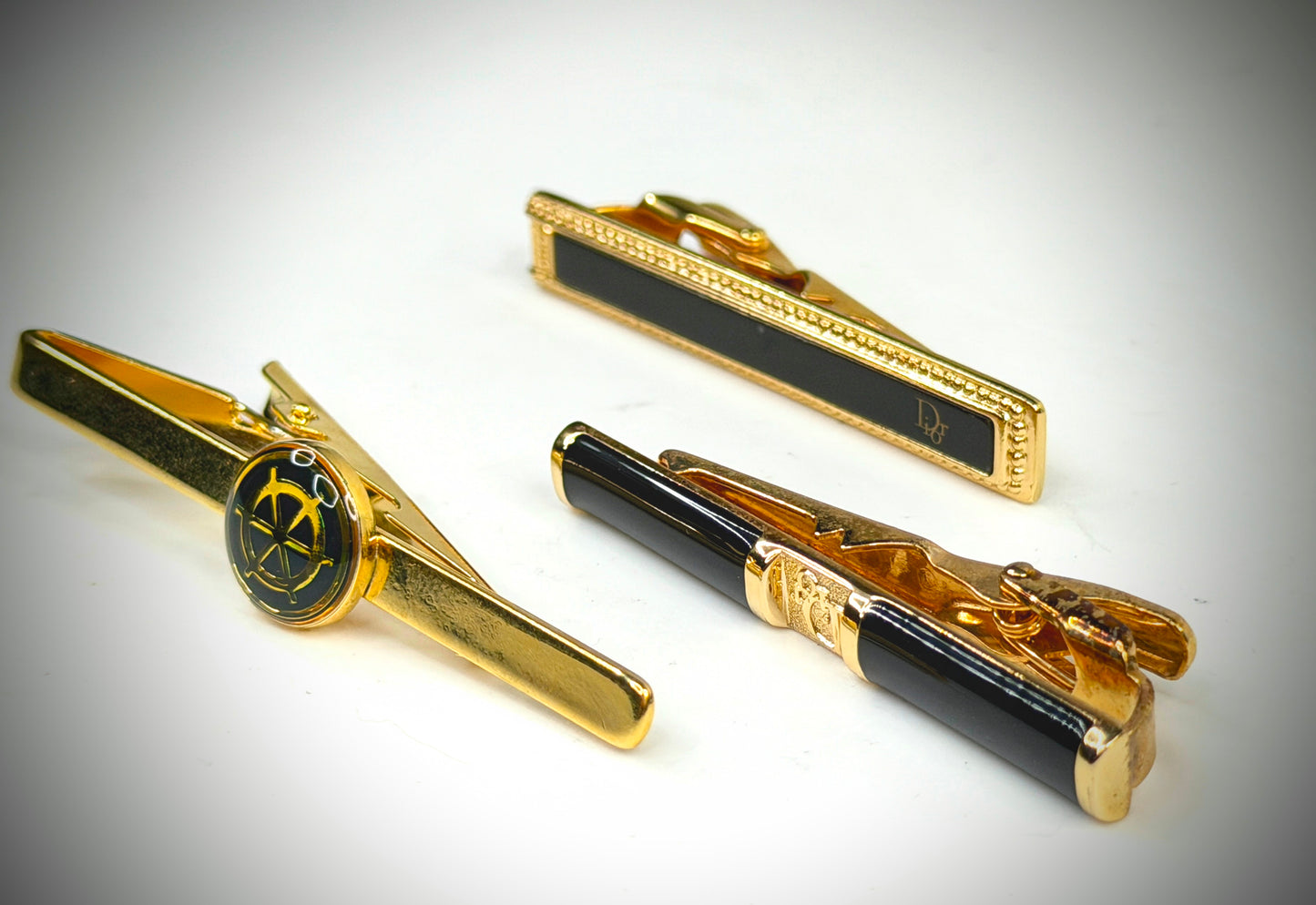 Vintage Christian Dior Gold Tone Black Enamel Tie Clips Set of 3 SS324