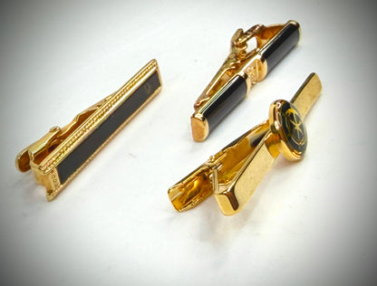 Vintage Christian Dior Gold Tone Black Enamel Tie Clips Set of 3 SS324