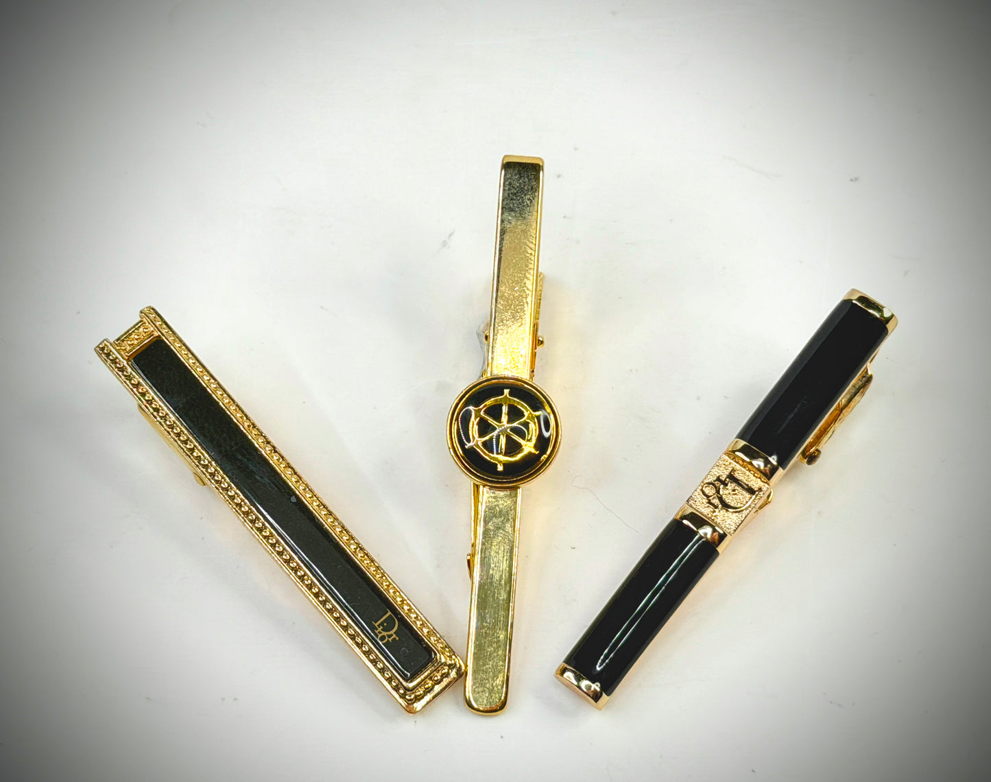 Vintage Christian Dior Gold Tone Black Enamel Tie Clips Set of 3 SS324