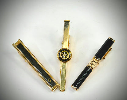 Vintage Christian Dior Gold Tone Black Enamel Tie Clips Set of 3 SS324