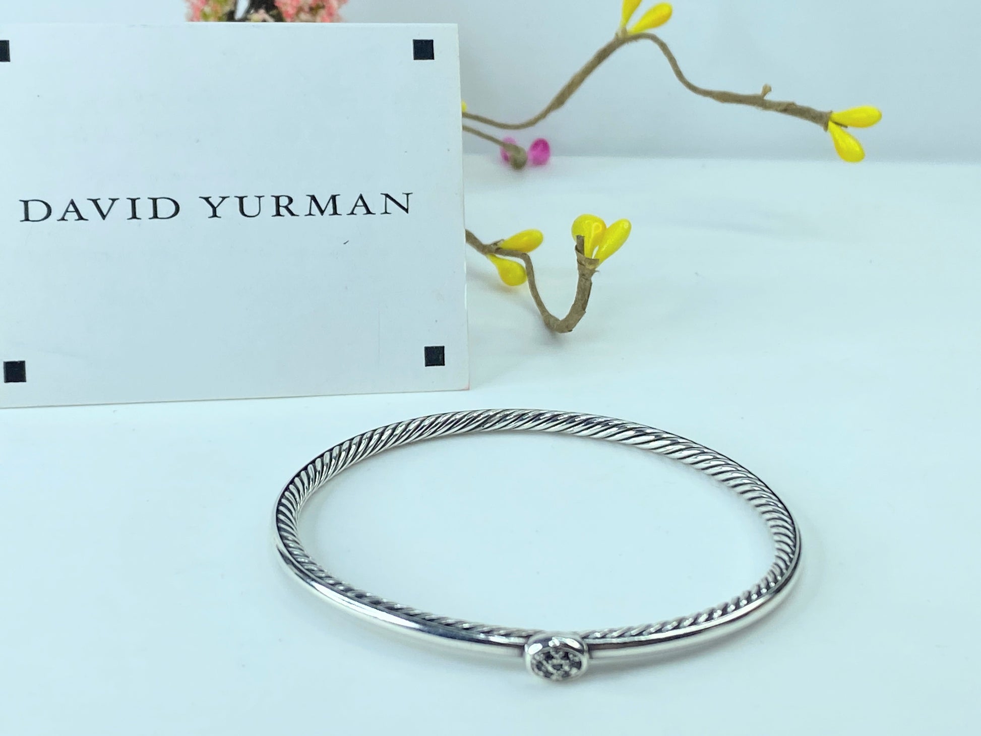 David Yurman Sterling Silver Pave Diamond 3mm Cable Wire Oval Bangle 7.5" JR376