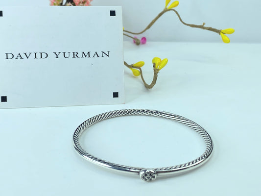 David Yurman Sterling Silver Pave Diamond 3mm Cable Wire Oval Bangle 7.5" JR376