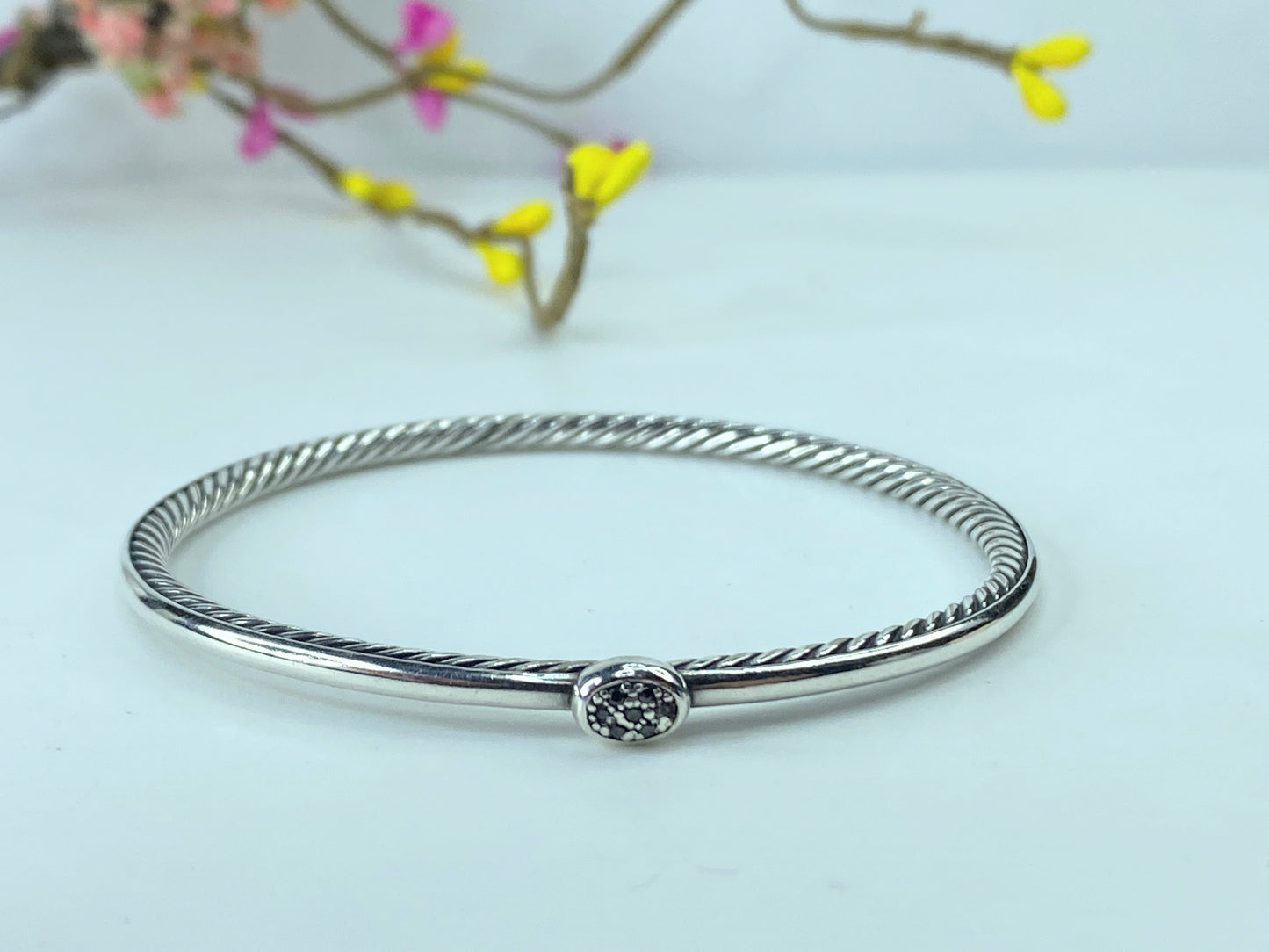 David Yurman Sterling Silver Pave Diamond 3mm Cable Wire Oval Bangle 7.5" JR376