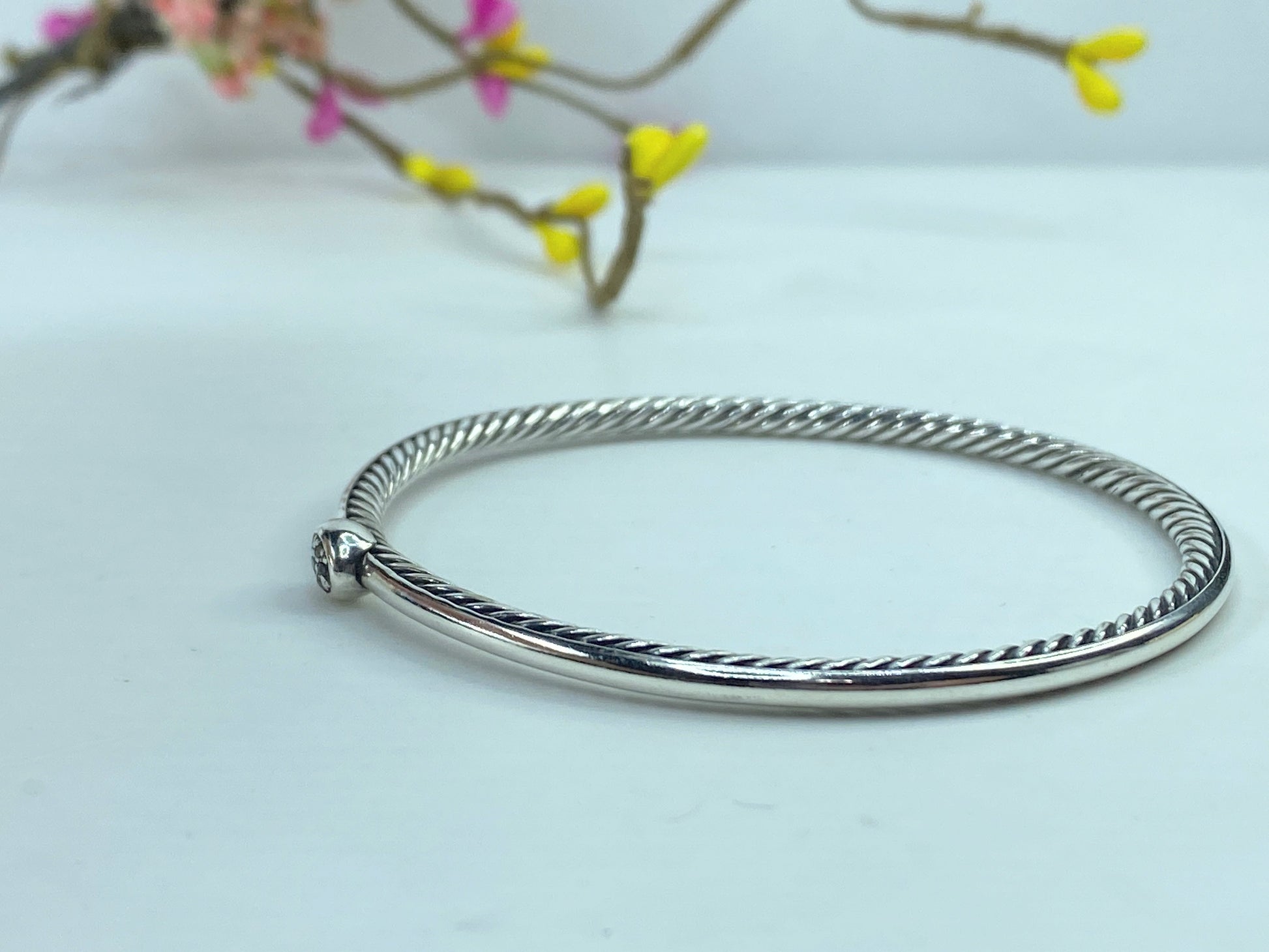 David Yurman Sterling Silver Pave Diamond 3mm Cable Wire Oval Bangle 7.5" JR376