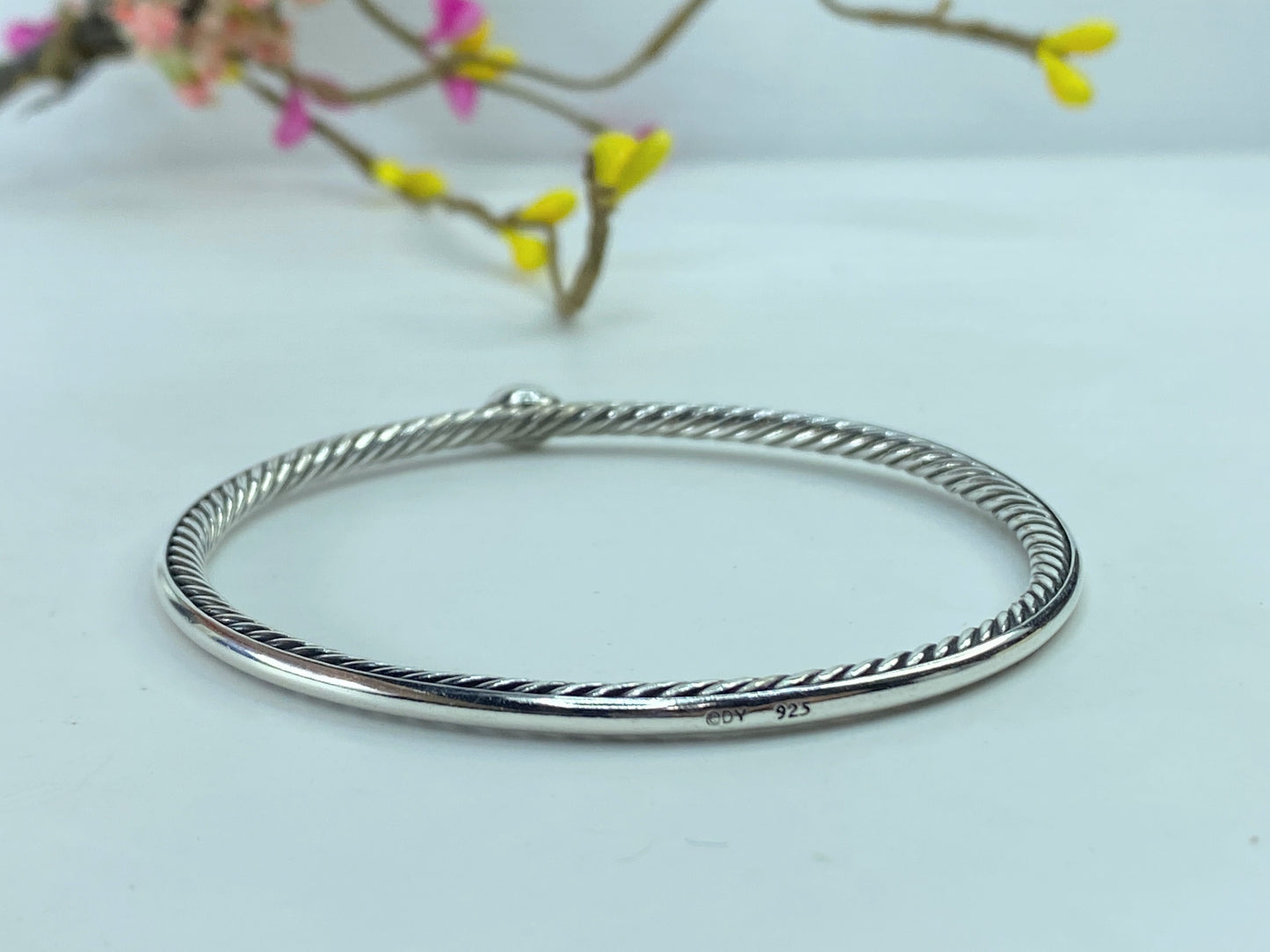 David Yurman Sterling Silver Pave Diamond 3mm Cable Wire Oval Bangle 7.5" JR376