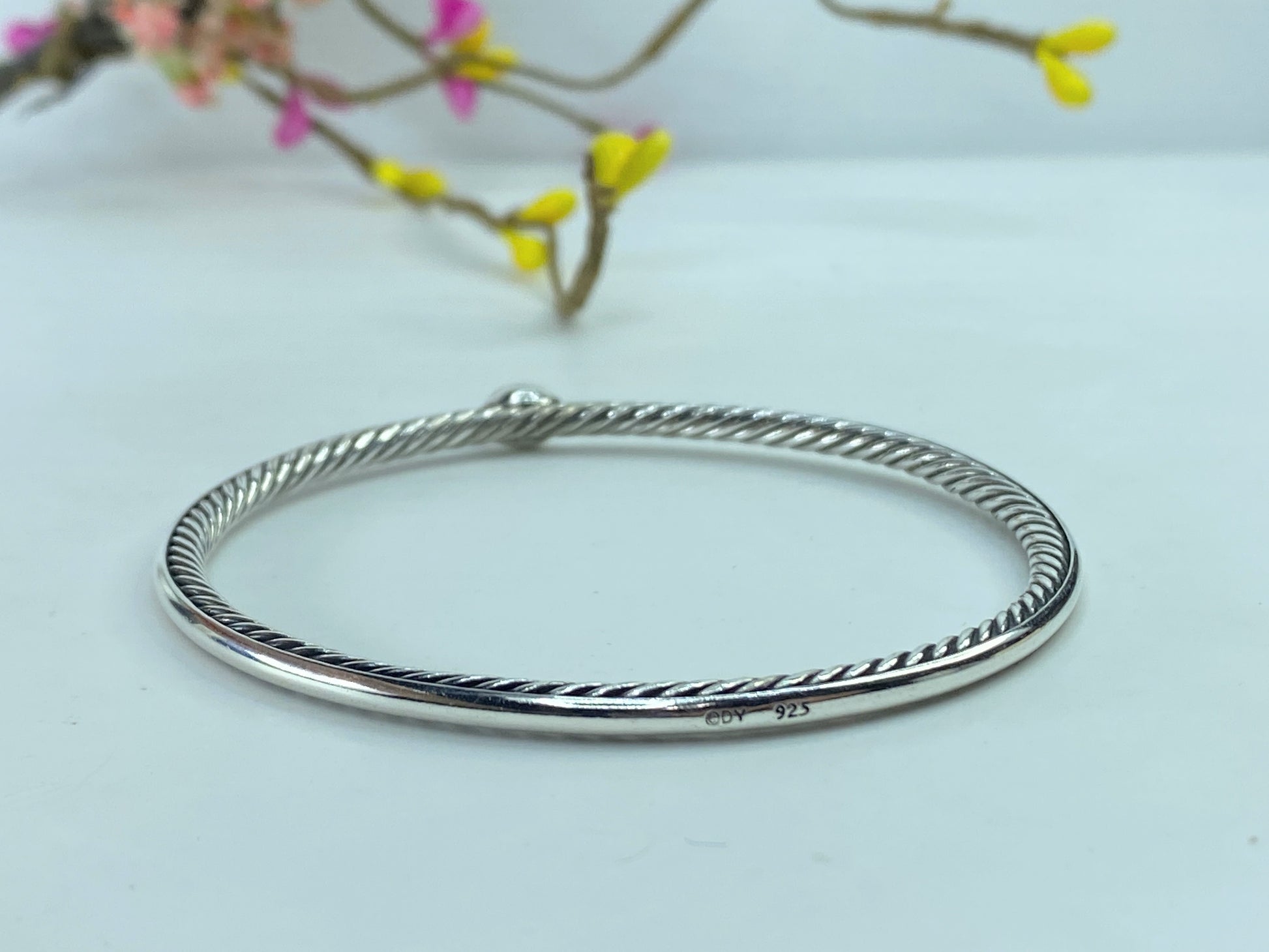 David Yurman Sterling Silver Pave Diamond 3mm Cable Wire Oval Bangle 7.5" JR376