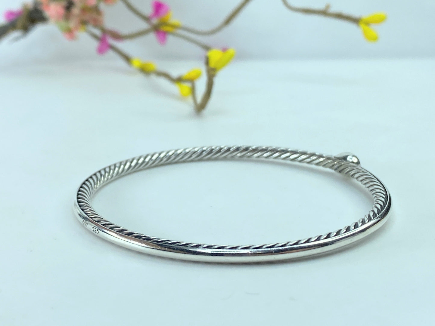 David Yurman Sterling Silver Pave Diamond 3mm Cable Wire Oval Bangle 7.5" JR376