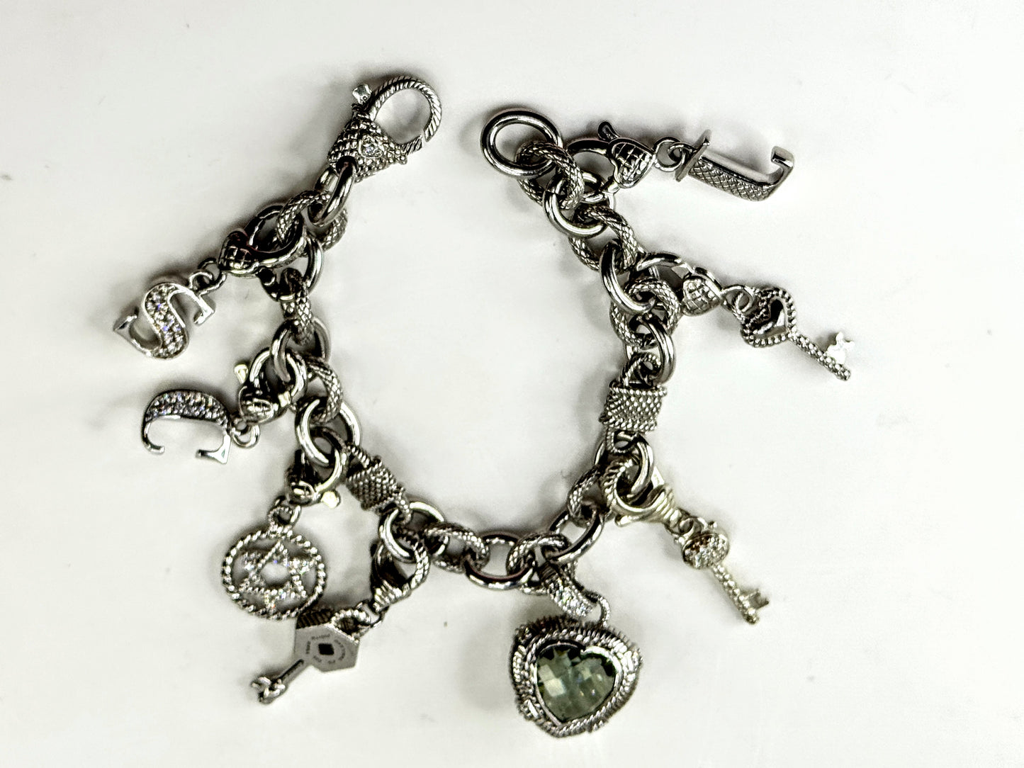 Vintage Judith Ripka Sterling Silver Multi Charm Link Bracelet 8 Inch JR1699