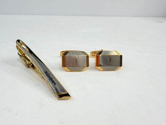 Vintage YSL Two Tone Rectangular Cufflinks Tie Bar Set SS326