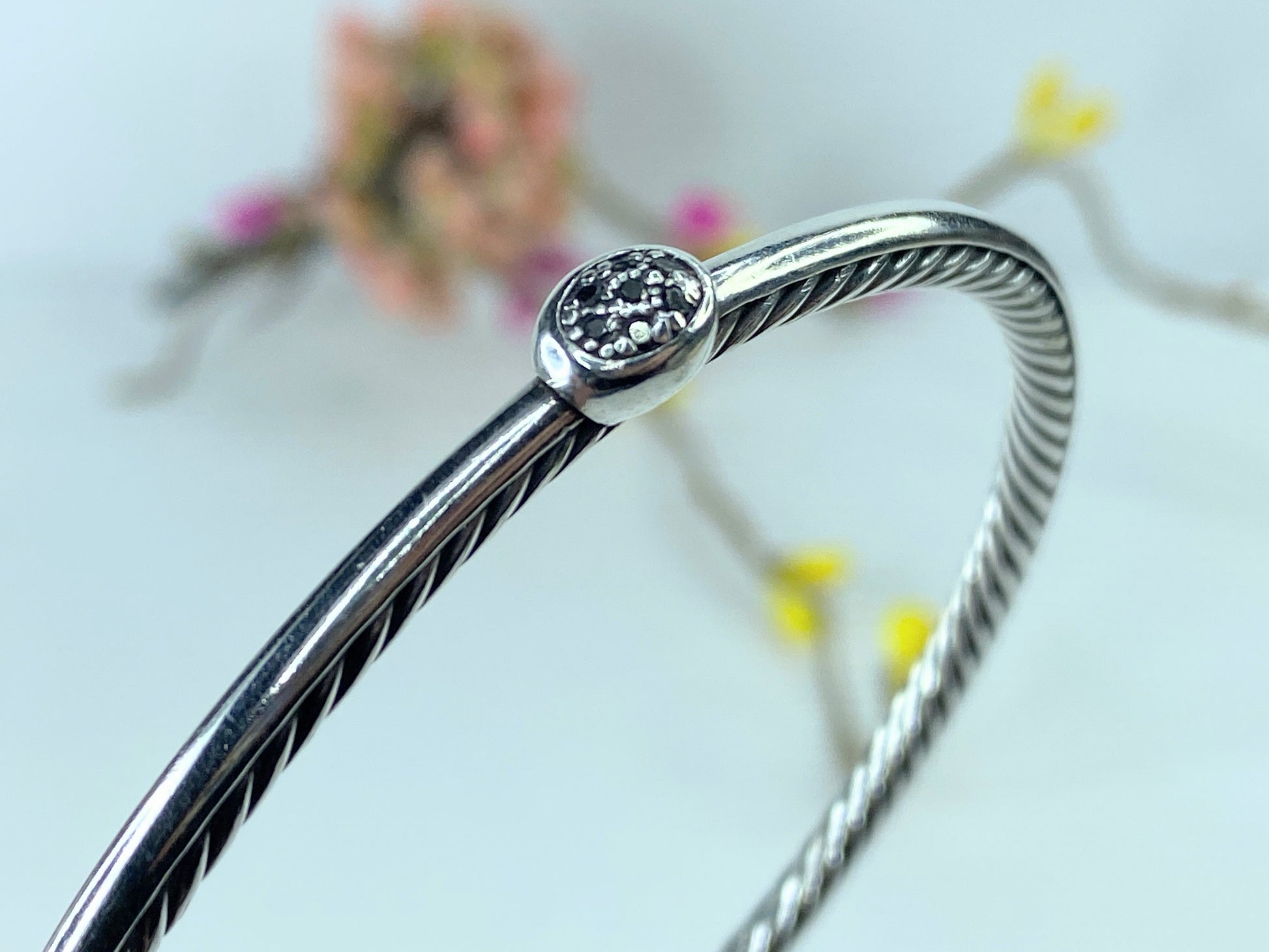David Yurman Sterling Silver Pave Diamond 3mm Cable Wire Oval Bangle 7.5" JR376
