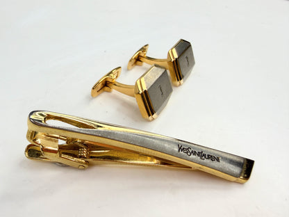 Vintage YSL Two Tone Rectangular Cufflinks Tie Bar Set SS326
