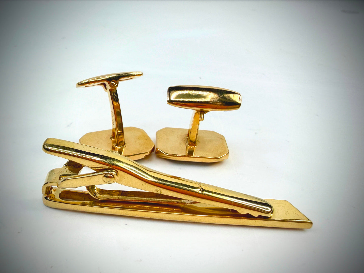Vintage YSL Two Tone Rectangular Cufflinks Tie Bar Set SS326