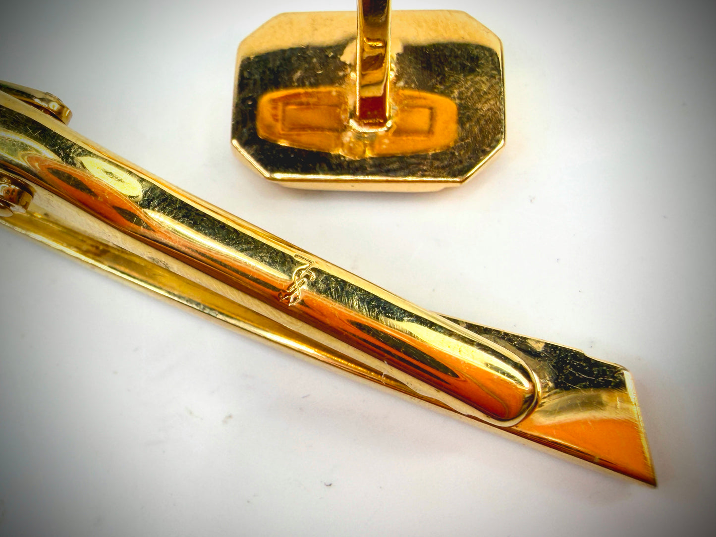 Vintage YSL Two Tone Rectangular Cufflinks Tie Bar Set SS326