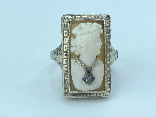 Art Deco Cameo Diamond Ring 14k c. 1930 3.7g s6 JR9137