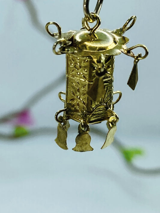 Antique Hand Fabricated 14K Gold Lantern Charm with Dangling Elements JR1232