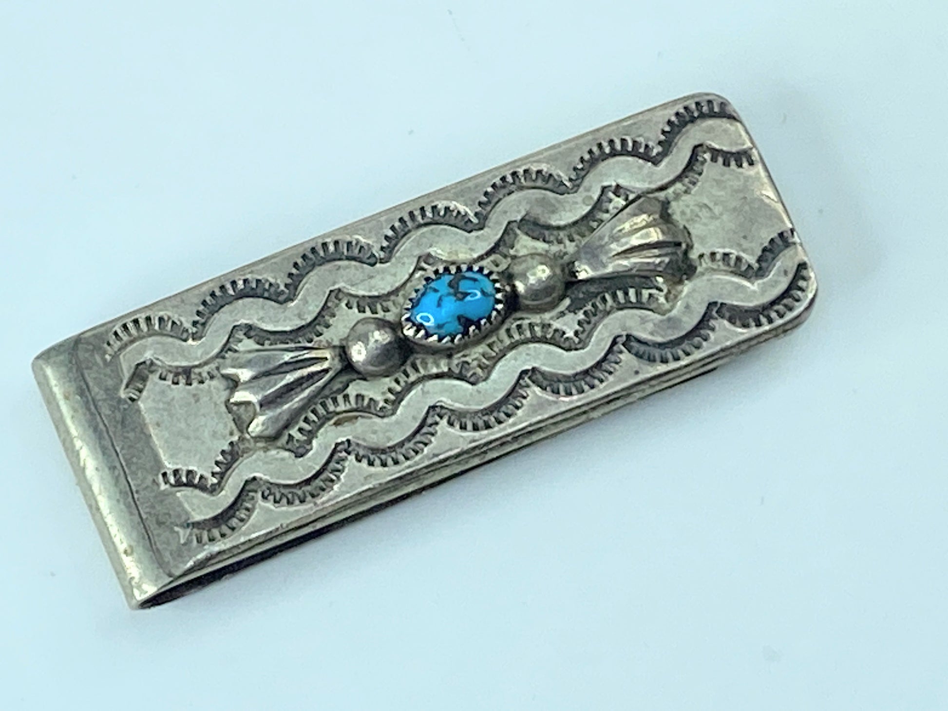 Zuni Turquoise Stone Money Clip Native American Tribal Design Sterling SS42