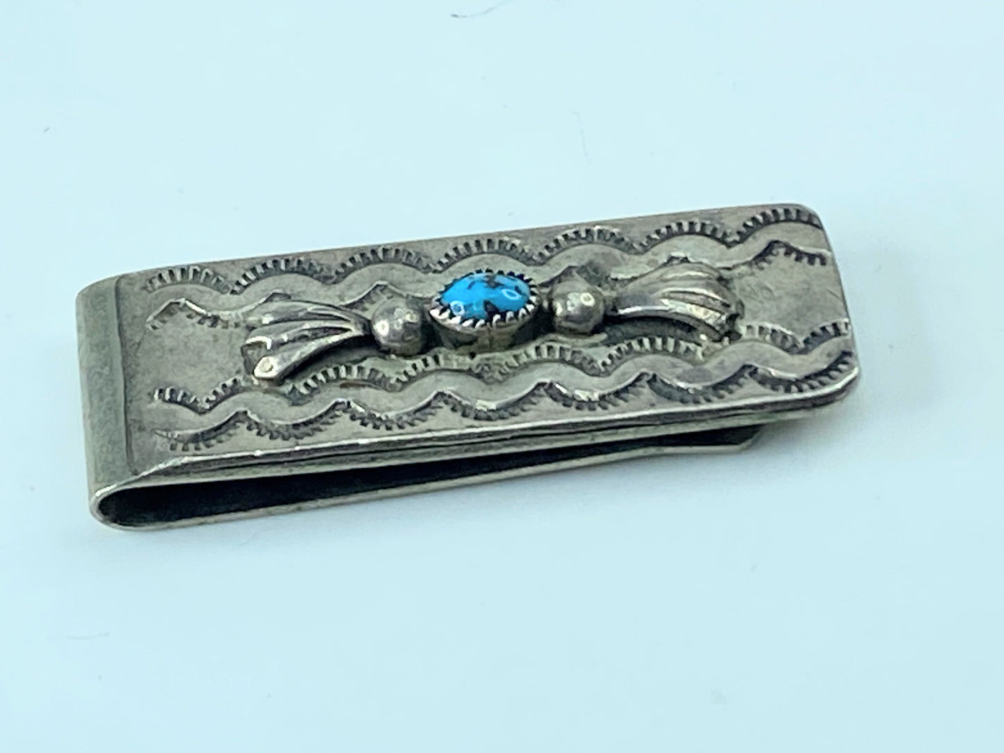 Zuni Turquoise Stone Money Clip Native American Tribal Design Sterling SS42