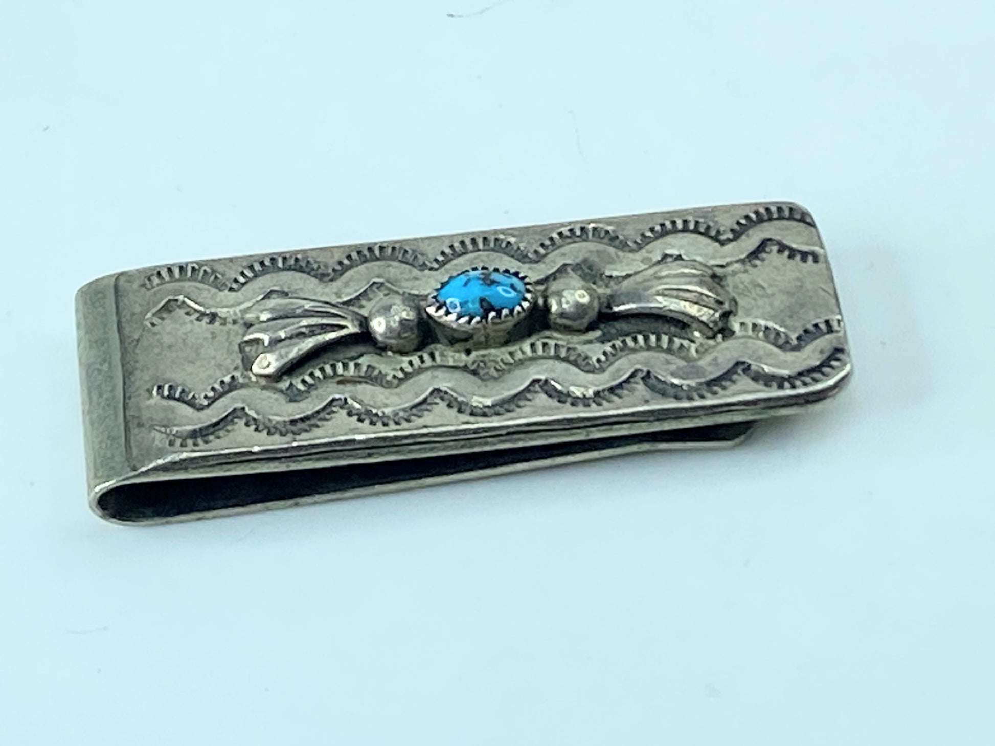 Zuni Turquoise Stone Money Clip Native American Tribal Design Sterling SS42
