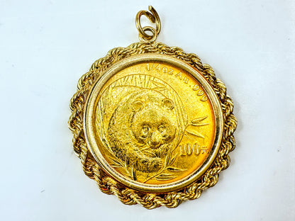 2003 China 1/4 oz 999 Gold Panda 100 Yuan Coin Pendant 14K bezel 10.6g JR1702
