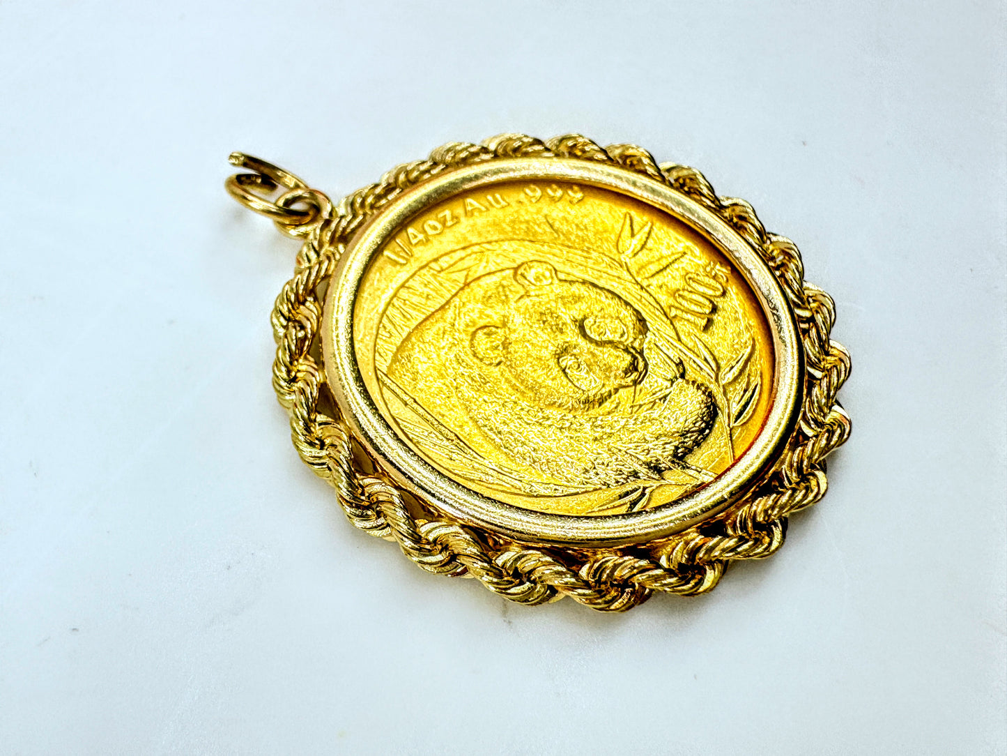 2003 China 1/4 oz 999 Gold Panda 100 Yuan Coin Pendant 14K bezel 10.6g JR1702