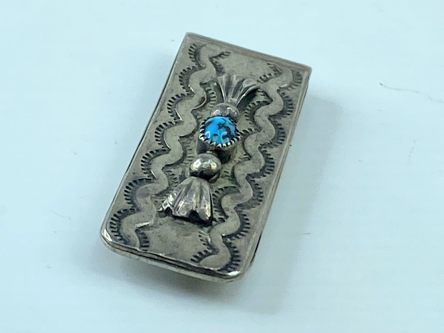 Zuni Turquoise Stone Money Clip Native American Tribal Design Sterling SS42