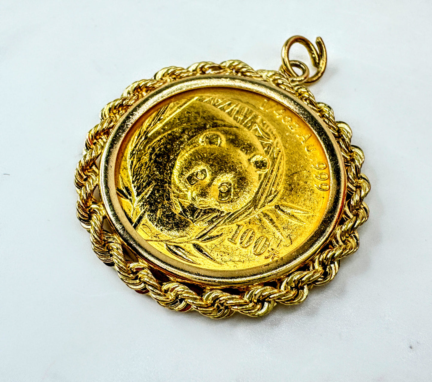2003 China 1/4 oz 999 Gold Panda 100 Yuan Coin Pendant 14K bezel 10.6g JR1702