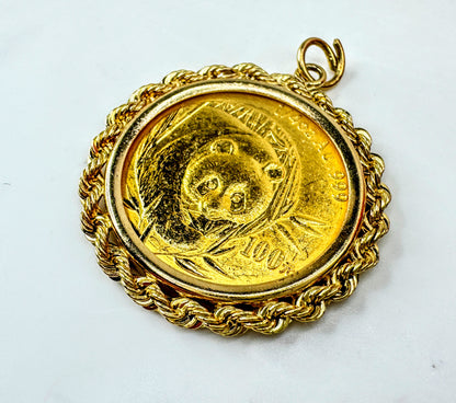2003 China 1/4 oz 999 Gold Panda 100 Yuan Coin Pendant 14K bezel 10.6g JR1702
