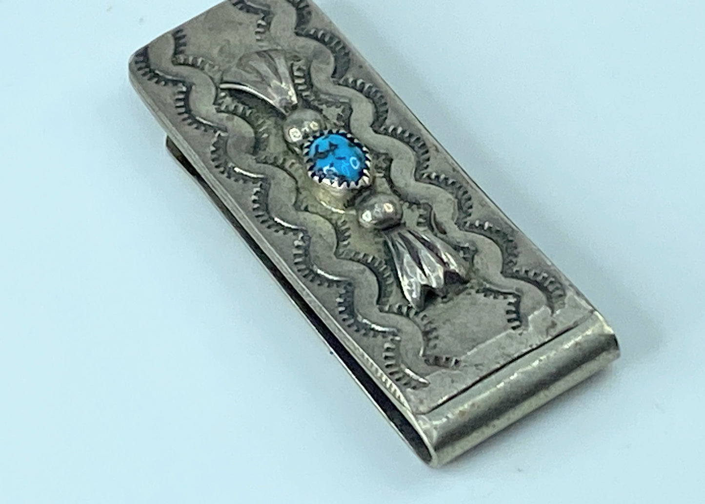 Zuni Turquoise Stone Money Clip Native American Tribal Design Sterling SS42