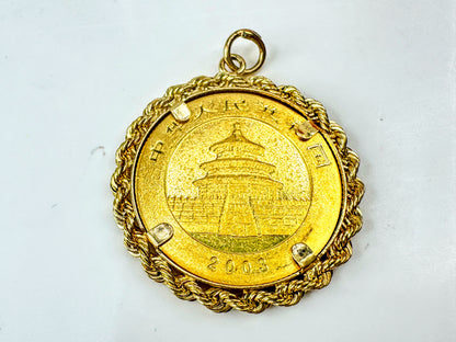 2003 China 1/4 oz 999 Gold Panda 100 Yuan Coin Pendant 14K bezel 10.6g JR1702