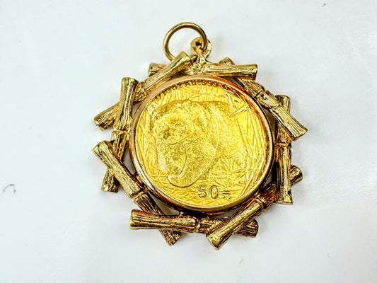 2002 China Gold Panda Coin Pendant 14K Bezel 1/10 oz 999 Fine Gold  7.2g JR1703