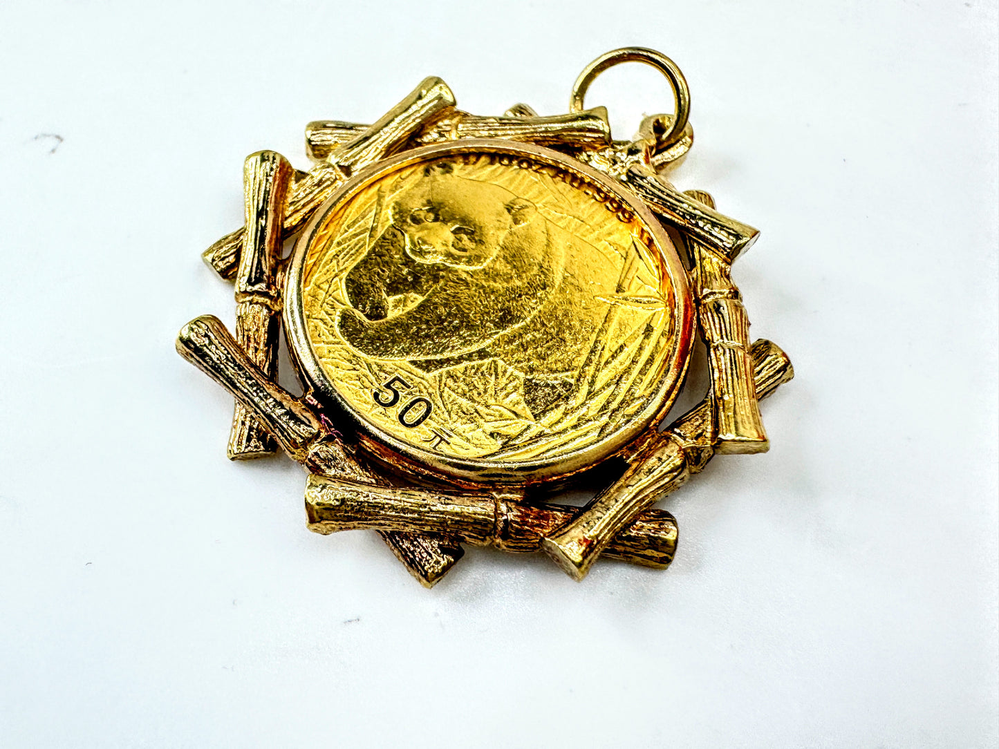 2002 China Gold Panda Coin Pendant 14K Bezel 1/10 oz 999 Fine Gold  7.2g JR1703