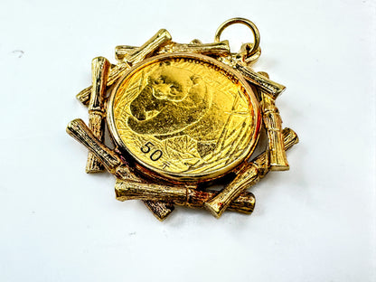 2002 China Gold Panda Coin Pendant 14K Bezel 1/10 oz 999 Fine Gold  7.2g JR1703