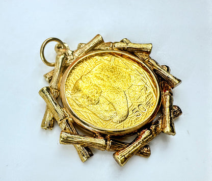 2002 China Gold Panda Coin Pendant 14K Bezel 1/10 oz 999 Fine Gold  7.2g JR1703