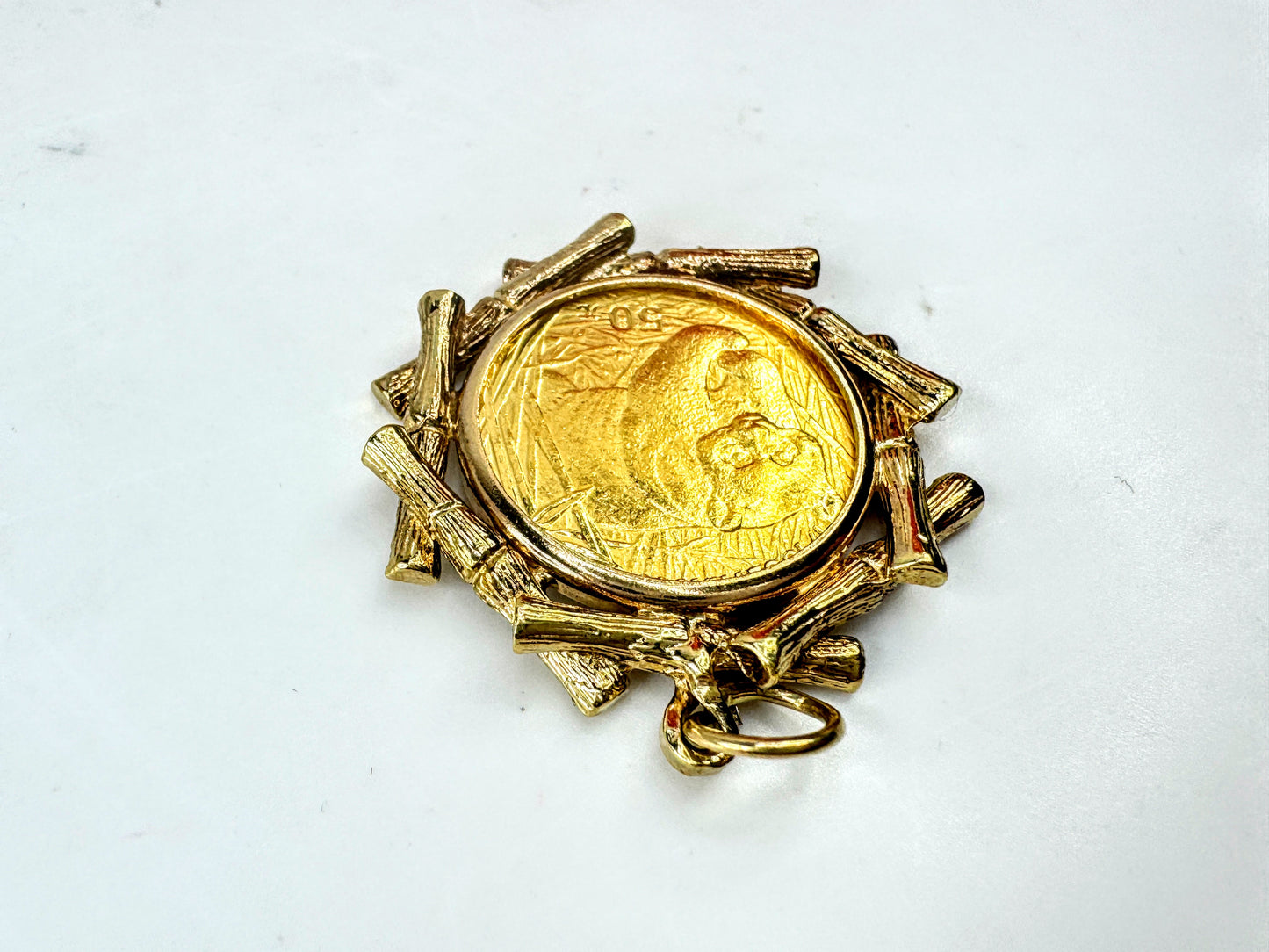 2002 China Gold Panda Coin Pendant 14K Bezel 1/10 oz 999 Fine Gold  7.2g JR1703