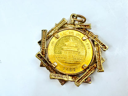 2002 China Gold Panda Coin Pendant 14K Bezel 1/10 oz 999 Fine Gold  7.2g JR1703