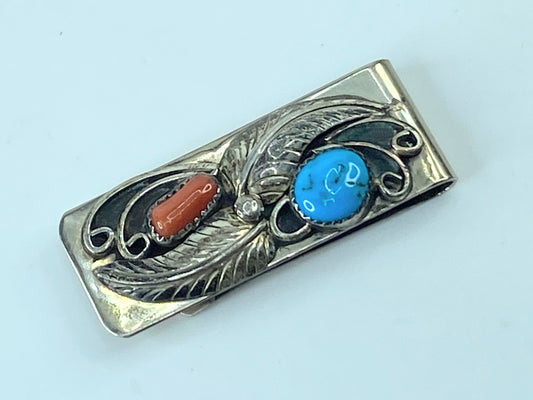 Native American Handmade Sterling Silver Coral / Turquoise Money Clip 17g SS44
