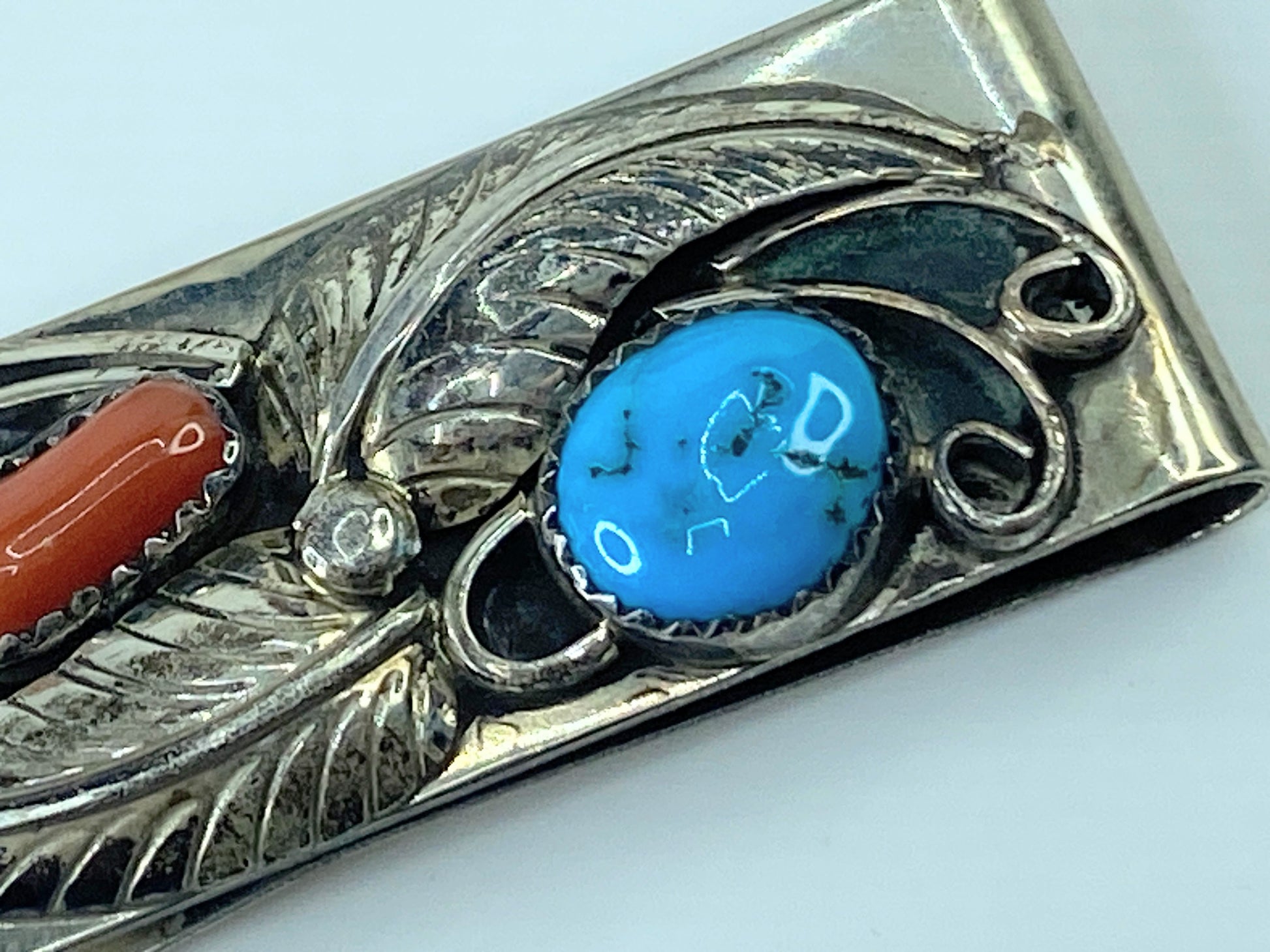 Native American Handmade Sterling Silver Coral / Turquoise Money Clip 17g SS44