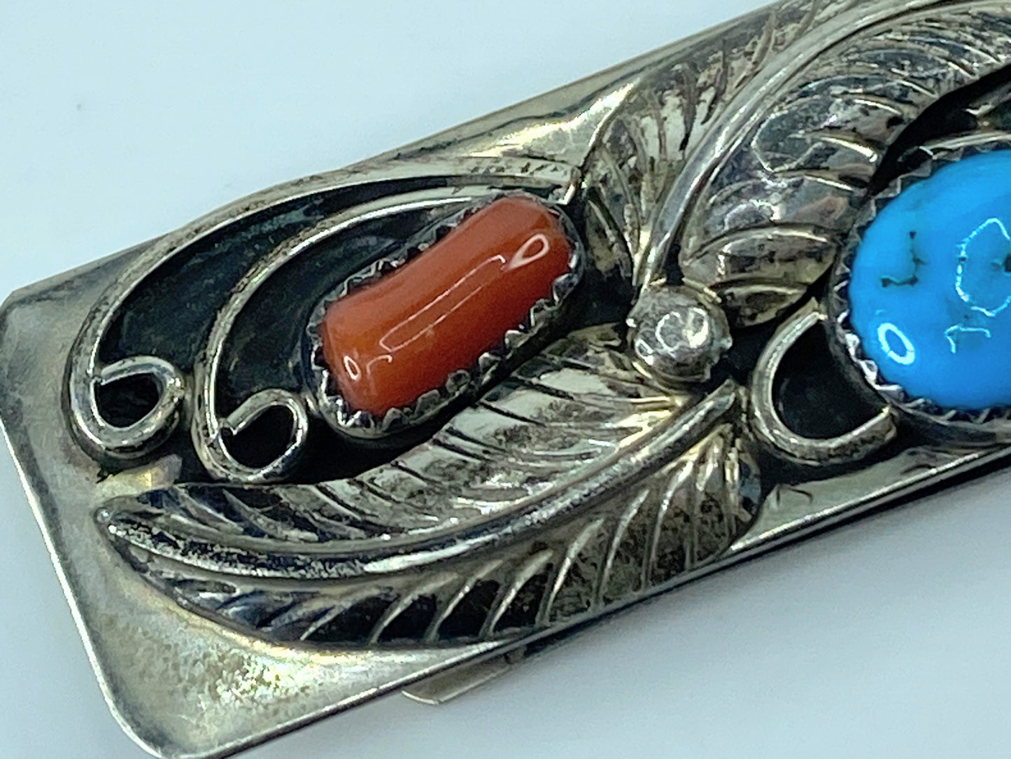 Native American Handmade Sterling Silver Coral / Turquoise Money Clip 17g SS44
